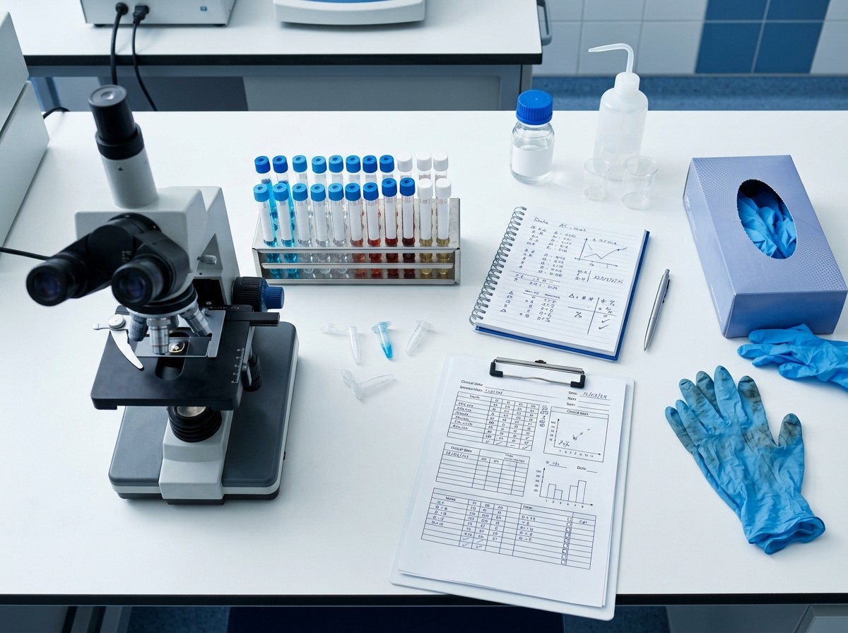 Estágio obrigatório em Biomedicina: bancada de laboratório de análises clínicas com microscópio, tubos de ensaio, luvas e prancheta de anotações