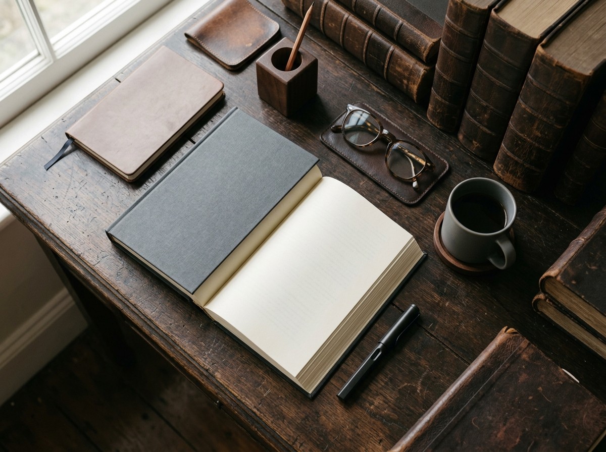 Relatório de estágio em Direito impresso e encadernado sobre mesa de escritório de advocacia, ao lado de caneta, óculos, caneca de café e livros jurídicos
