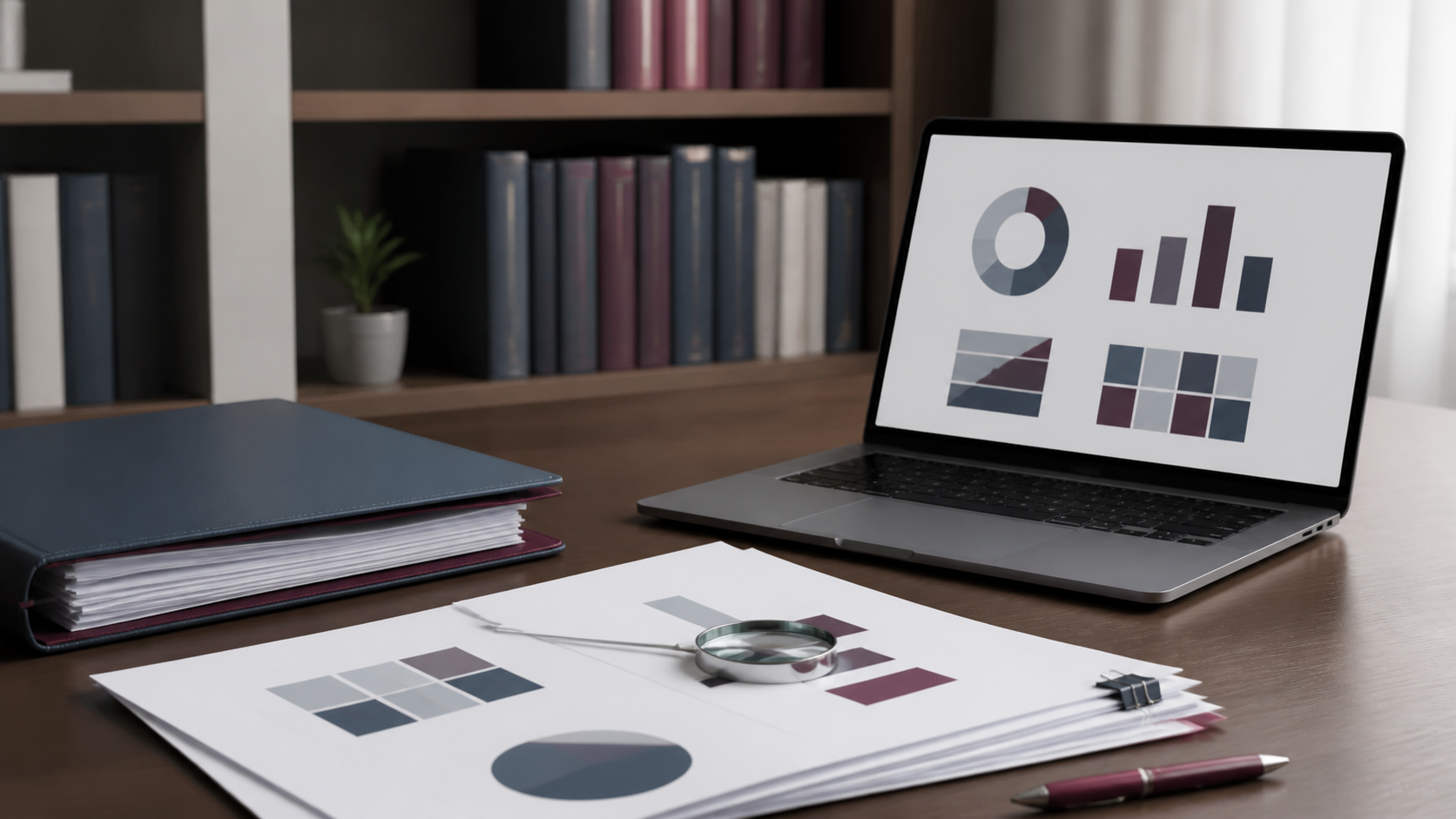 Revisão do relatório final de projeto de extensão com gráficos, documentos e notebook em mesa organizada