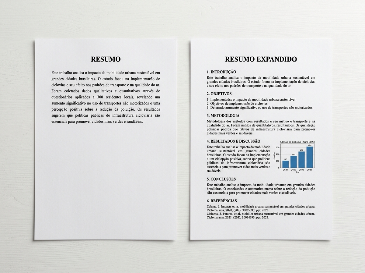 Comparação entre resumo simples e resumo expandido, lado a lado sobre mesa branca