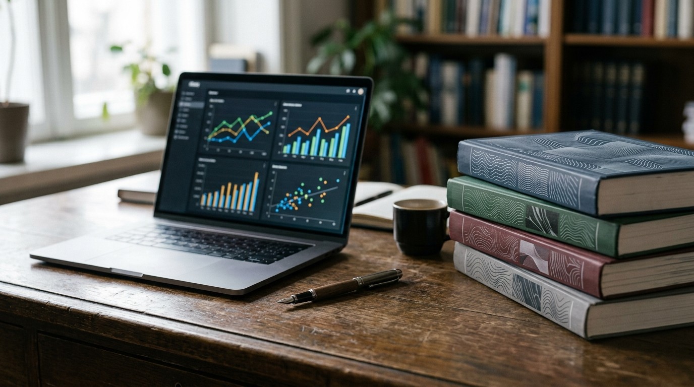 Notebook exibindo gráficos de indicadores de periódicos ao lado de livros acadêmicos empilhados sobre a mesa