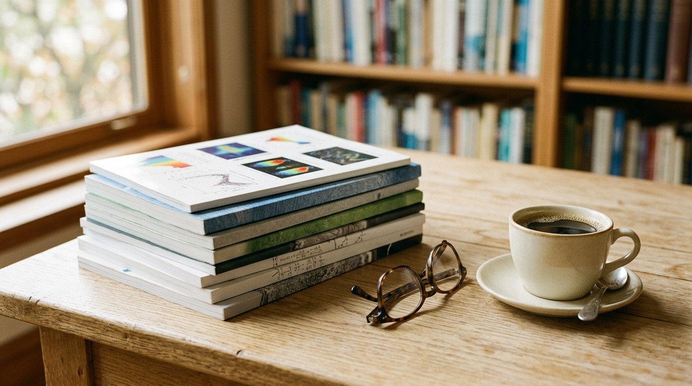 Revistas Qualis A1: pilha de periódicos científicos impressos sobre mesa de madeira, ao lado de óculos de leitura e xícara de café