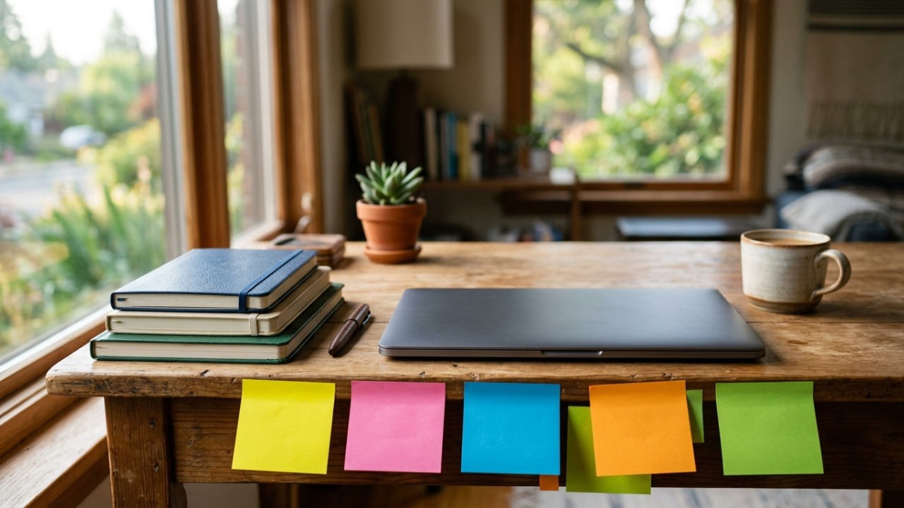 Mesa de trabalho com laptop fechado, cadernos empilhados e post-its coloridos sob luz da manhã