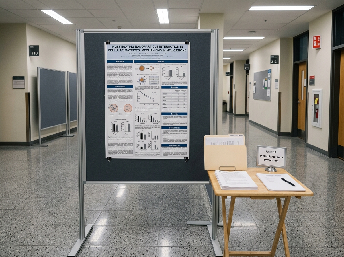 Painel de evento científico em corredor de universidade, onde o resumo expandido aprovado é apresentado