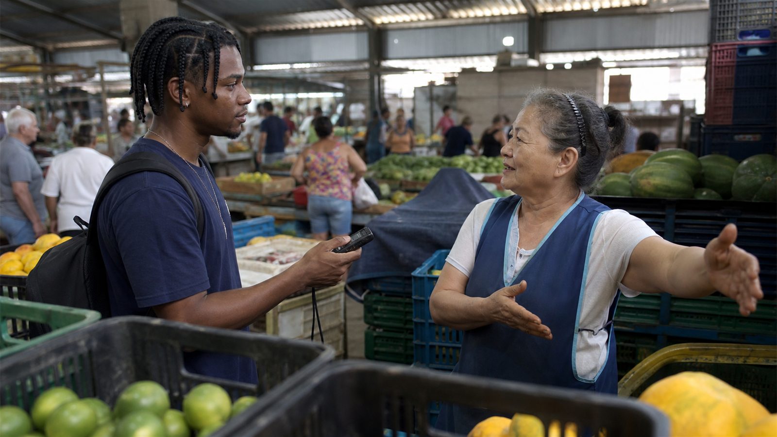 Estudante entrevista feirante para coletar dados de campo em pesquisa de Administração