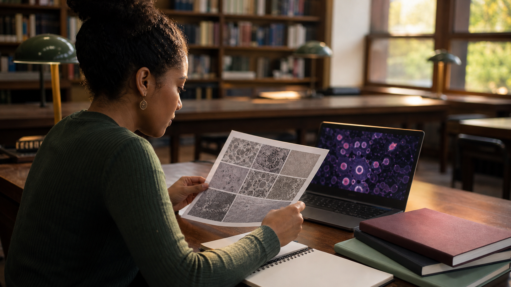 Estudante compara fontes científicas e micrografias para TCC Biomedicina