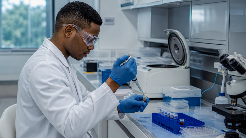 Pesquisador biomédico pipetando amostras em laboratório universitário