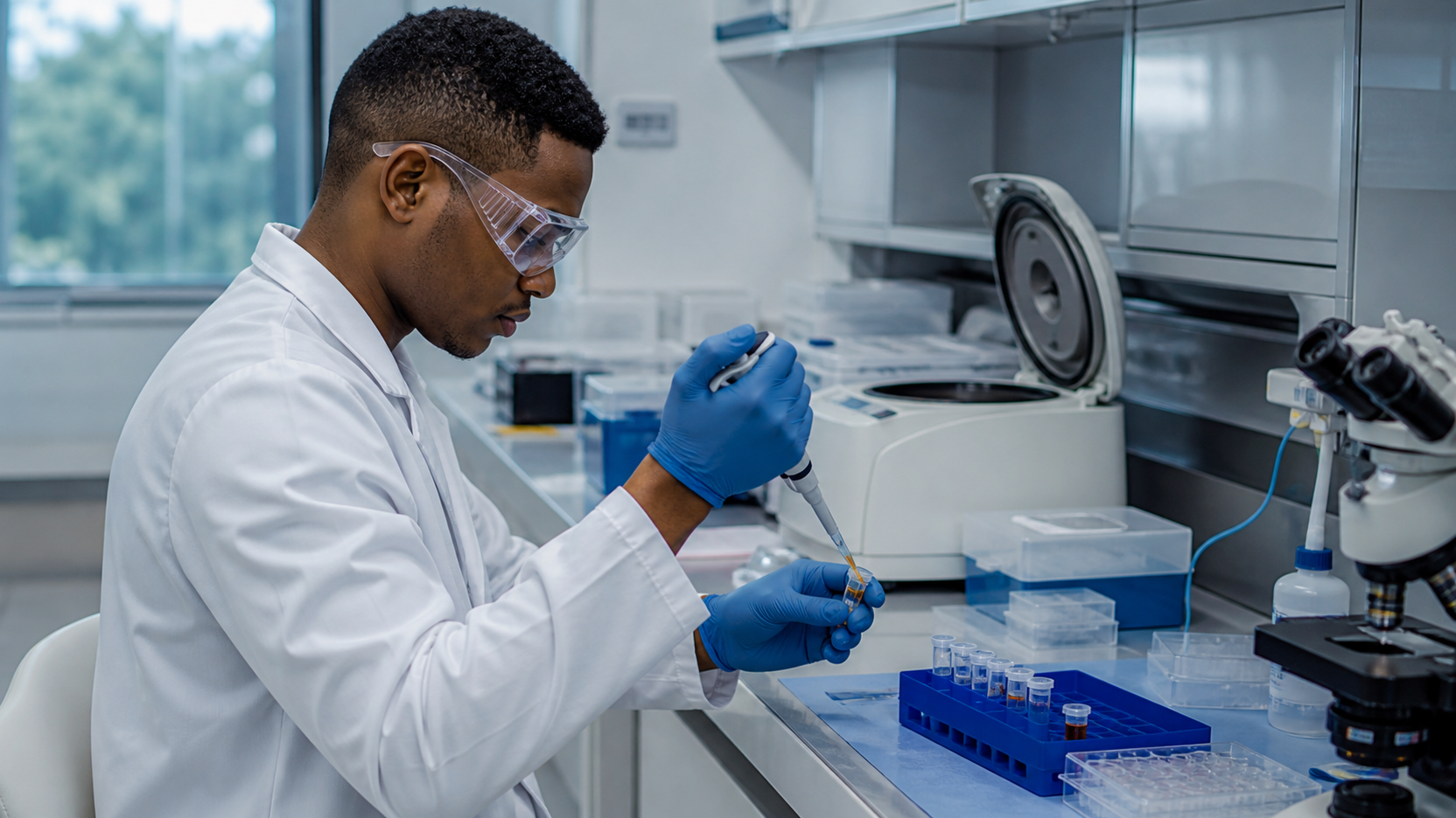 Pesquisador biomédico pipetando amostras em laboratório universitário