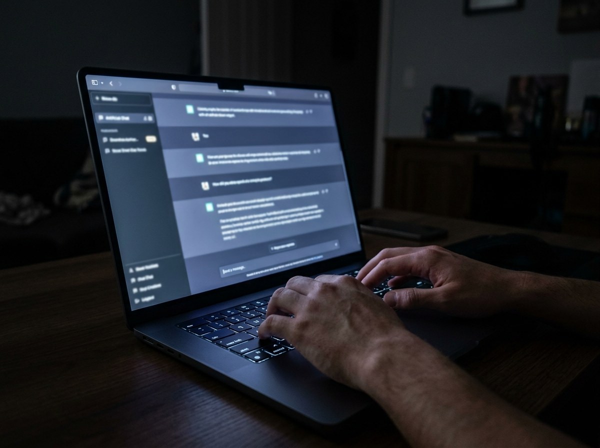 Tela de notebook com conversa de inteligência artificial durante pesquisa acadêmica à noite