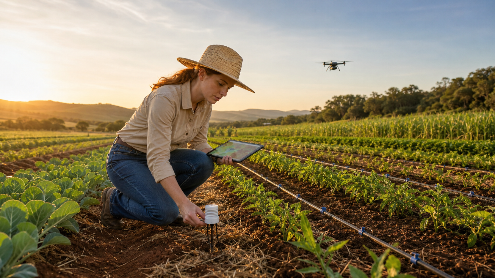 Agrônoma verifica sensor de solo com tablet em lavoura irrigada e drone ao fundo