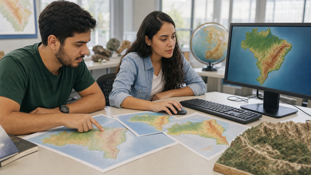 Estudantes pesquisando temas para TCC de Geografia com mapas e sistema GIS