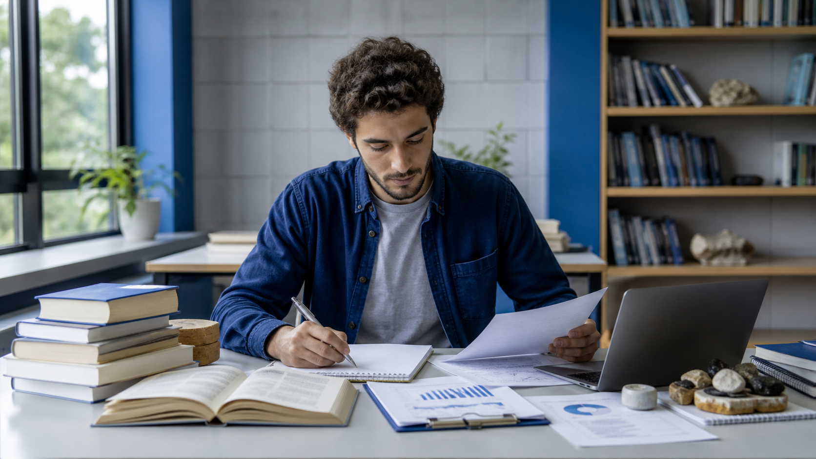 Estudante equilibrando teoria e prática durante a elaboração do TCC