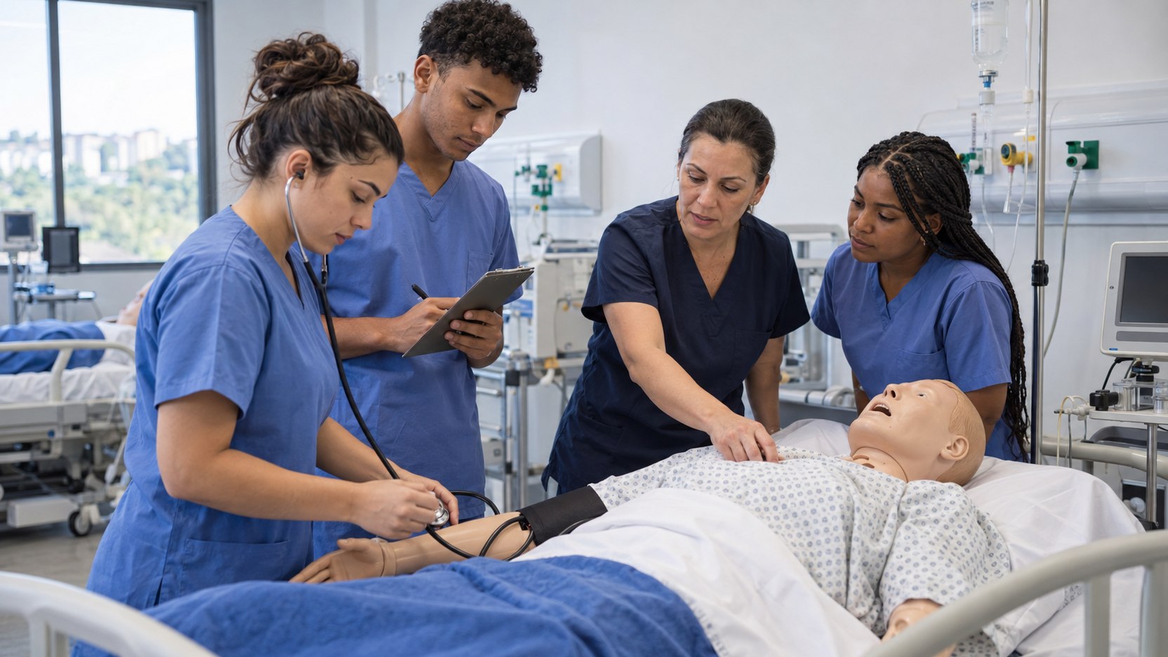 Estudantes de Enfermagem analisando as novas diretrizes curriculares de TCC, extensão e estágio