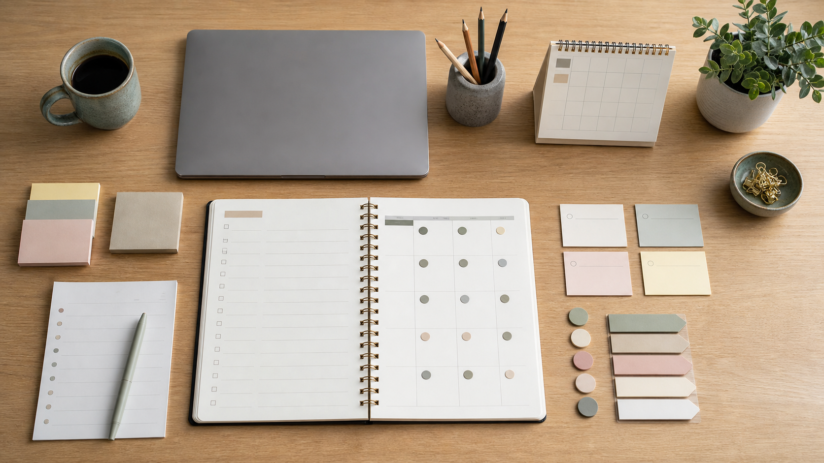 Mesa organizada com agenda, cartões e calendário para acompanhar semanalmente o cronograma TCC