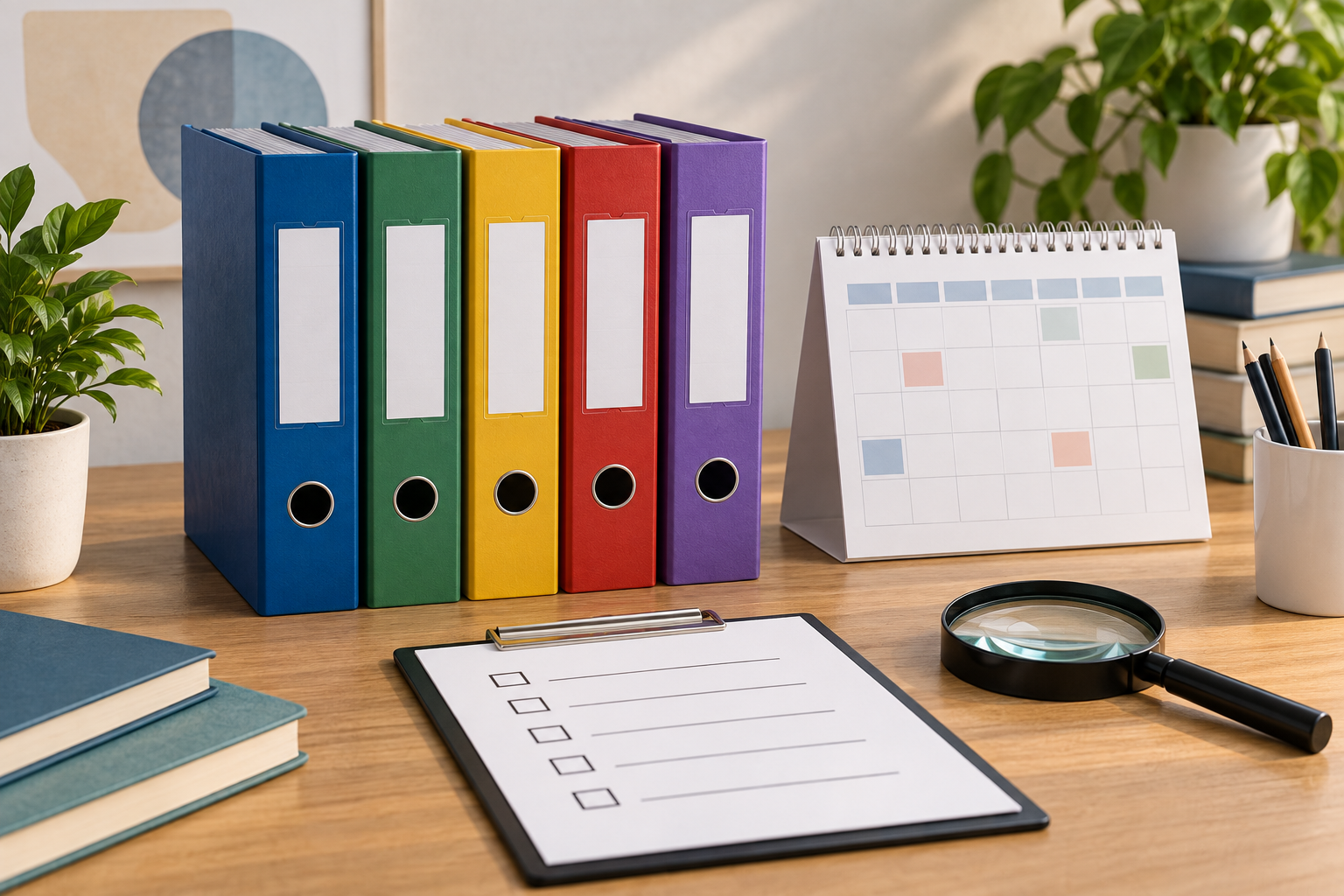 Documentos para bolsa de mestrado organizados em calendário e pastas