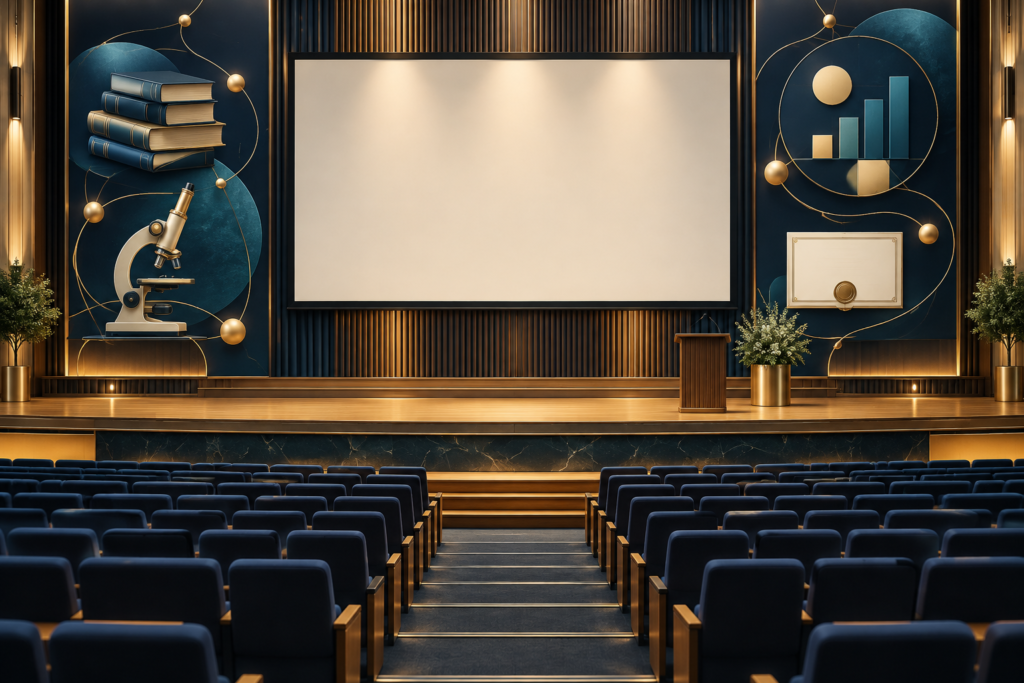 Eventos acadêmicos representados por auditório pesquisa apresentação e conexões