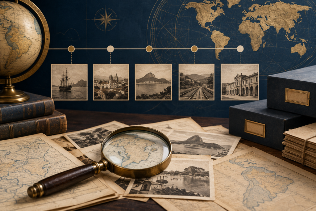 Método histórico representado por linha do tempo, documentos e lupa