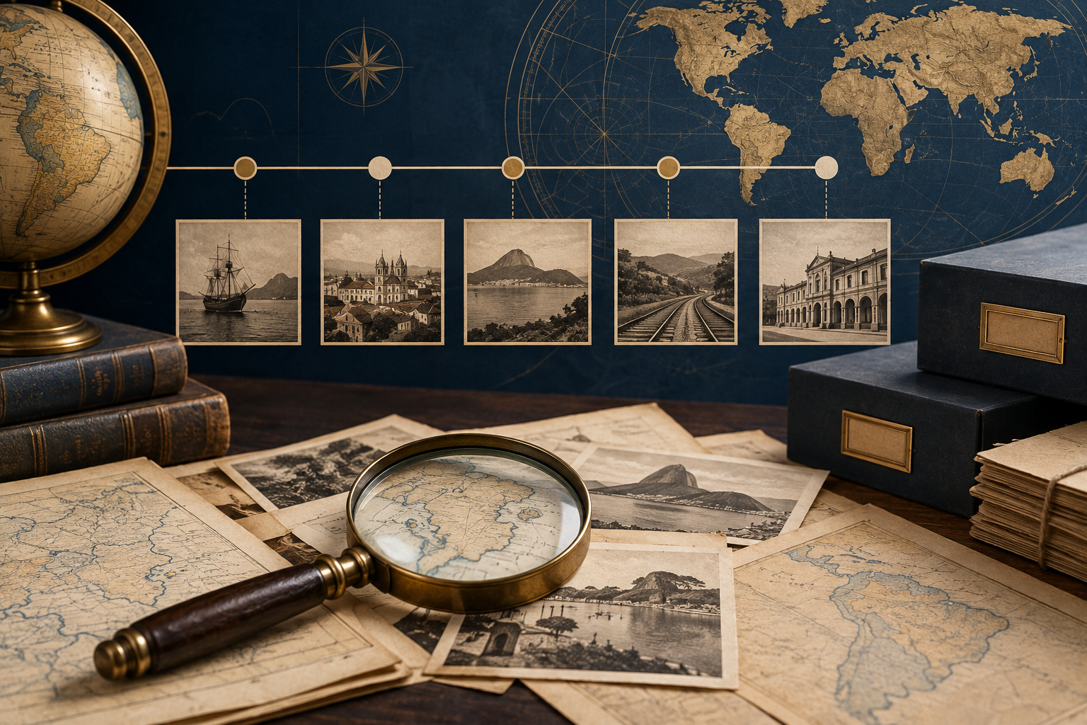 Método histórico representado por linha do tempo, documentos e lupa