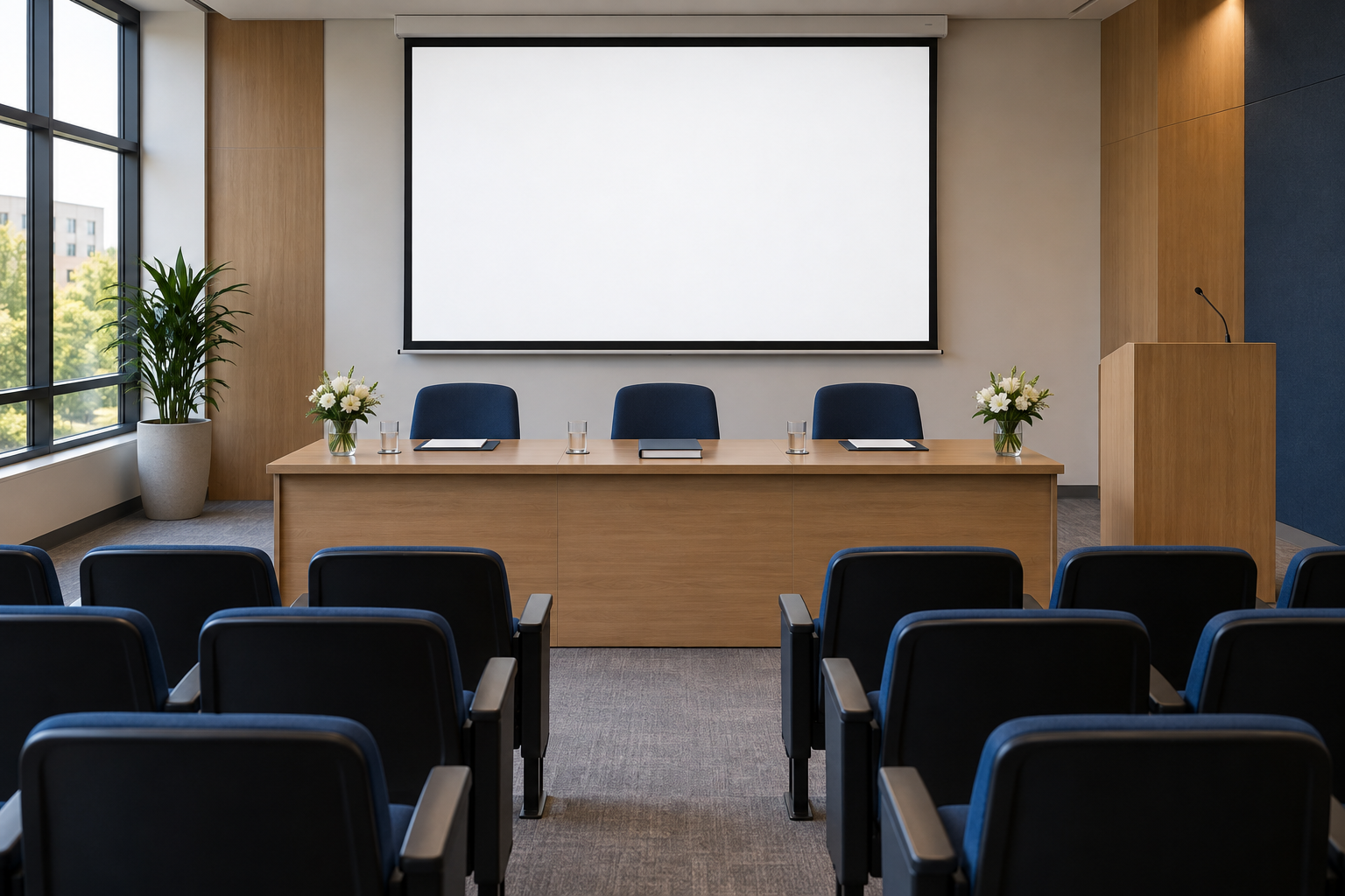 Qualificação de mestrado representada por sala de banca vazia e tela em branco