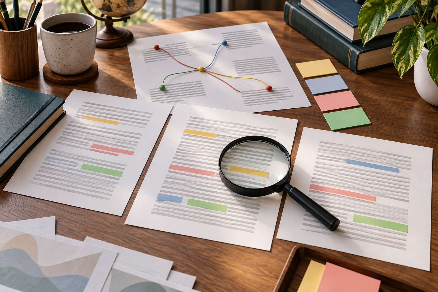 Checklist visual sem texto com páginas revisadas, lupa, referências e marcadores acadêmicos