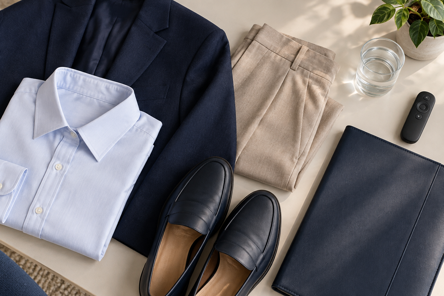 Roupa para apresentar TCC organizada com peças neutras e materiais da defesa