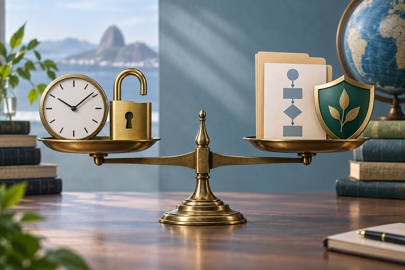 Balança conceitual sem texto com calendário, documentos, cadeado e lupa representando viabilidade e ética